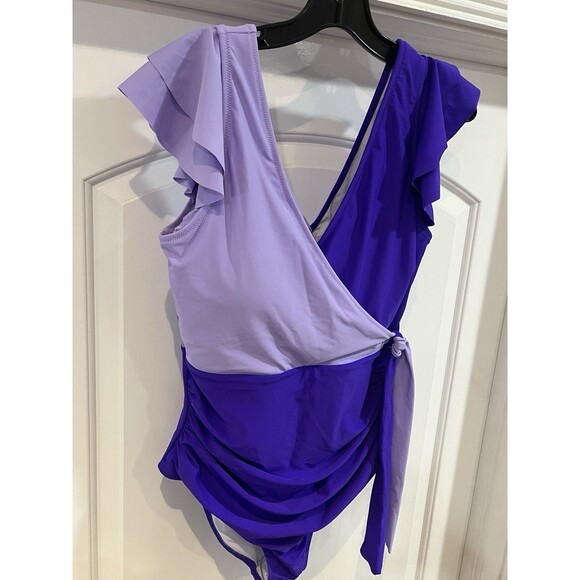 Blooming Jelly Swimsuit Slimming Purple One Piece Cross Cross Ruffle Sz XL Beach - Picture 4 of 7